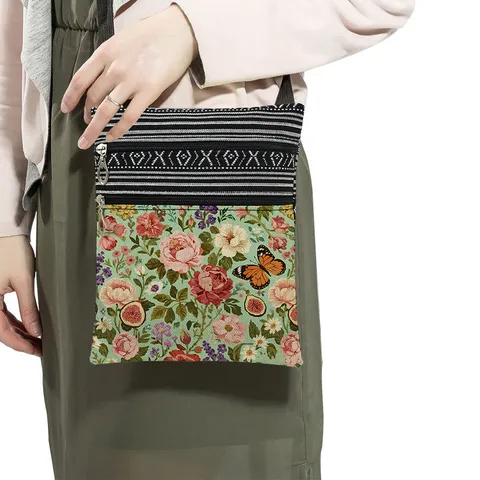 Women Fashion Polyester Crossbody Bag Double Zipper Vintage Floral Printed Shoulder Bag Adjustable Strap Lightweight Messenger Bag