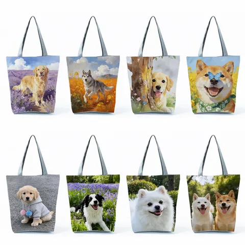 Damen Süße Hundedruck Polyester Tragetasche Mode Lässige Umhängetasche Große Kapazität Handtasche Wiederverwendbare Einkaufstasche