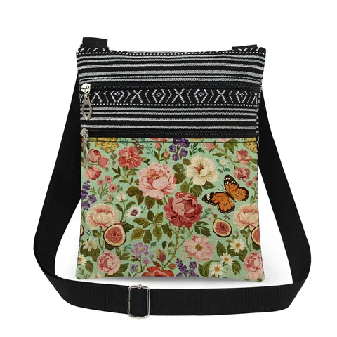 Women Fashion Polyester Crossbody Bag Double Zipper Vintage Floral Printed Shoulder Bag Adjustable Strap Lightweight Messenger Bag