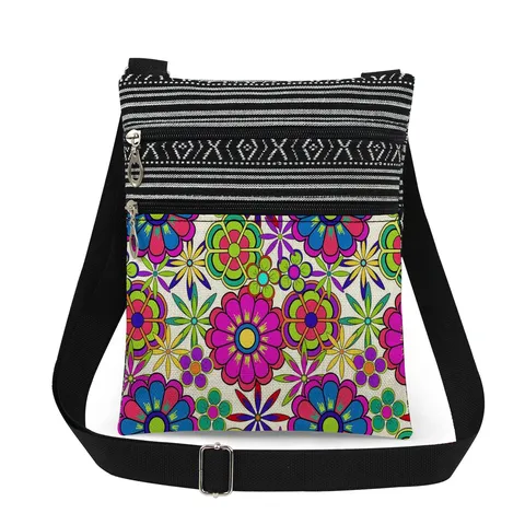 Women Casual Polyester Floral Print Crossbody Bag Double Zipper Shoulder Bag Adjustable Strap Messenger Satchel Daily Handbag