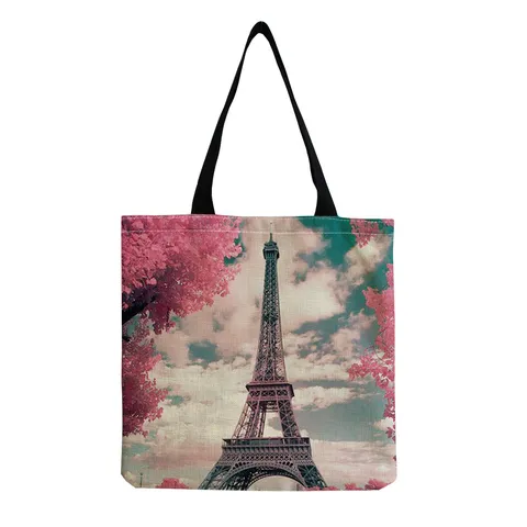 Vintage Linen Tote Bag Architectural Landscape Floral Pattern Eco Large Capacity Shoulder Bag Everyday Shopping Top Handle Handbag For Women