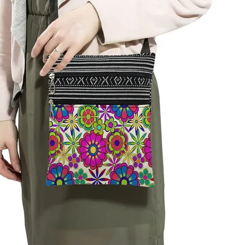 Women Casual Polyester Floral Print Crossbody Bag Double Zipper Shoulder Bag Adjustable Strap Messenger Satchel Daily Handbag