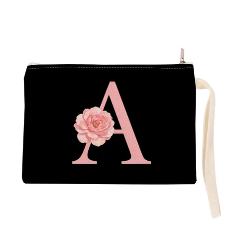 Women Fashion Polyester Letter Floral Print Mini Handbag Small Cosmetic Bag Card Holder Pouch With Wristlet Strap Black Pink
