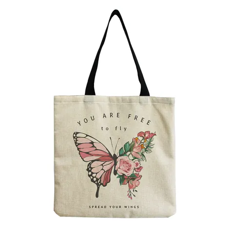 Modische Polyester Einkaufstasche Schöne Schmetterling Blumen Drucken Handtasche Wiederverwendbar Große Kapazität Schultertasche Für Damen Lässig