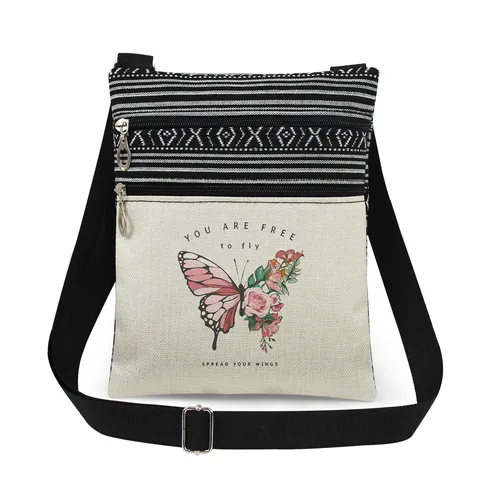 Bolso Bandolera Ligero para Mujer Estampado de Mariposa Floral Bolso Mensajero Con Correa Ajustable Bolso de Hombro con Doble Cremallera