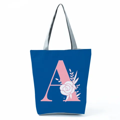 Large Capacity Women Tote Bag Blue Pink Letter Floral Print Polyester Zipper Shoulder Handbag Fashion Shopping Beach Bag