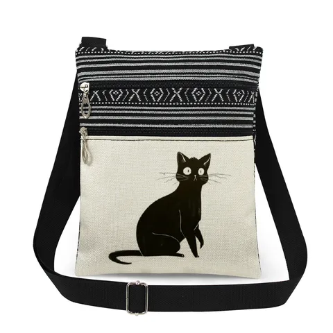 Casual Polyester Crossbody Messenger Bag With Adjustable Strap Lightweight Double Zipper Black Cat Printed Striped Shoulder Bag For Commuter Daily
