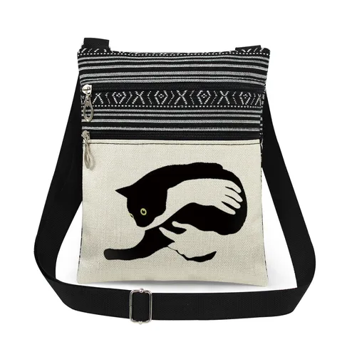Casual Polyester Crossbody Messenger Bag With Adjustable Strap Lightweight Double Zipper Black Cat Printed Striped Shoulder Bag For Commuter Daily