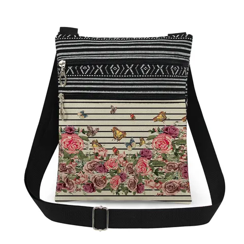 Bolso Bandolera Ligero para Mujer Estampado de Mariposa Floral Bolso Mensajero Con Correa Ajustable Bolso de Hombro con Doble Cremallera