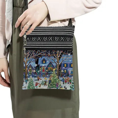 Women's Christmas Print Canvas Shoulder Bag Ultralight Double Zipper Messenger Bag Adjustable Striped Strap Crossbody Bag