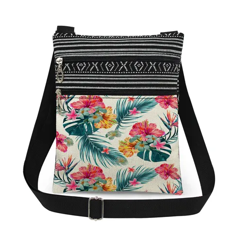 Fashion Casual Polyester Crossbody Bag Botanical Print Ultralight Messenger Bag Striped Patchwork Adjustable Strap Shoulder Bag For Everyday Travel Unisex