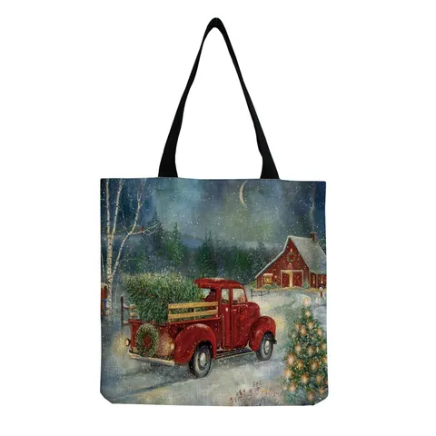Borsa Tote in Poliestere con Stampa Natalizia Riutilizzabile Lavabile Grande Capacità Borsa a Spalla Shopping Borsa Pieghevole da Donna Festivo Casual Regalo