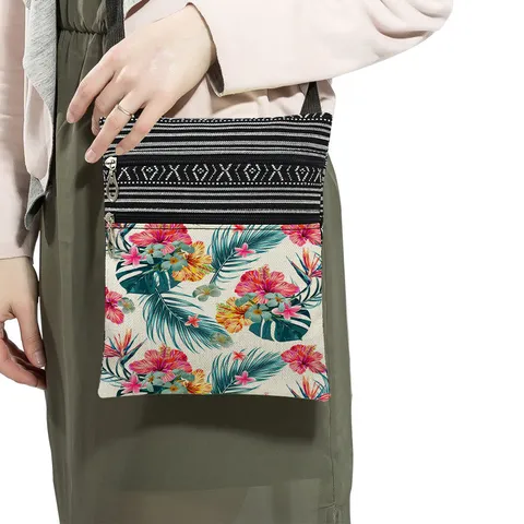 Fashion Casual Polyester Crossbody Bag Botanical Print Ultralight Messenger Bag Striped Patchwork Adjustable Strap Shoulder Bag For Everyday Travel Unisex