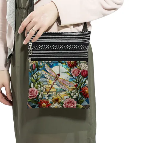 Fashion Women Polyester Dragonfly Print Crossbody Bag Double Zipper Adjustable Strap Messenger Shoulder Bag For Everyday Outdoor Sport