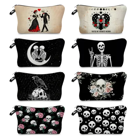 Borsa Cosmetica con Stampa Teschio Gotico Pochette per Trucco da Toeletta in Poliestere per Donna Uomo Viaggio Organizzatore Lavaggio Regalo Halloween