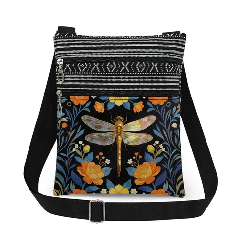 Fashion Women Polyester Dragonfly Print Crossbody Bag Double Zipper Adjustable Strap Messenger Shoulder Bag For Everyday Outdoor Sport