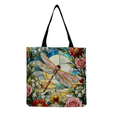Sac Cabas Imprimé en Polyester pour Femmes Motif Artistique Libellule et Fleurs Sac à Épaule Pliable Lavable pour le Quotidien