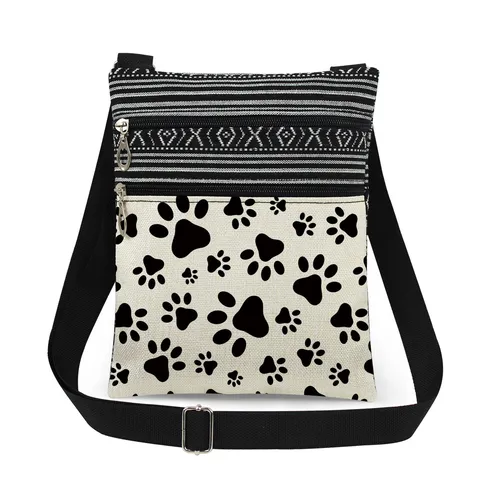 Sac Bandoulière pour Femme à Double Fermeture Éclair Imprimé Patte de Chat Sac Messager en Polyester à Sangle Réglable