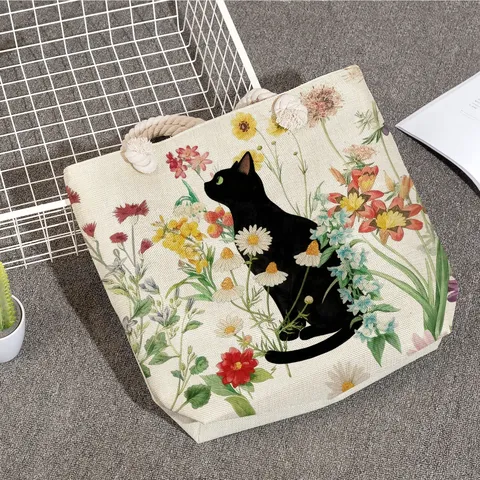 Fashion Linen Black Cat Floral Print Tote Bag Women Large Capacity Shoulder Beach Bag With Thick Rope Handle Zipper Leisure Handbag