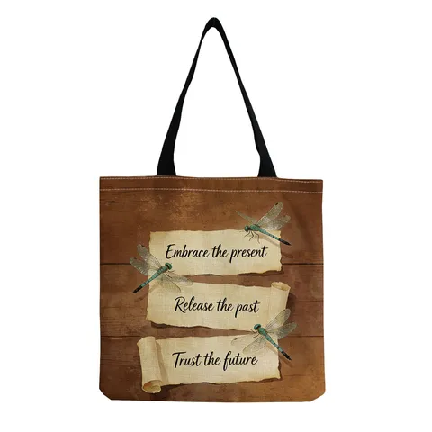 Sac Cabas Imprimé en Polyester pour Femmes Motif Artistique Libellule et Fleurs Sac à Épaule Pliable Lavable pour le Quotidien