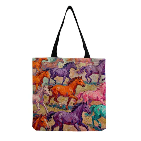 Borsa Tote in Cotone Lino con Stampa Corsiero Floreale Artistico Porcellana Blu E Bianca Grande Capacità Pieghevole da Donna