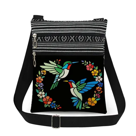 Women Lightweight Canvas Hummingbird Floral Print Messenger Bag Adjustable Shoulder Strap Double Zipper Crossbody Bag Casual Travel Purse