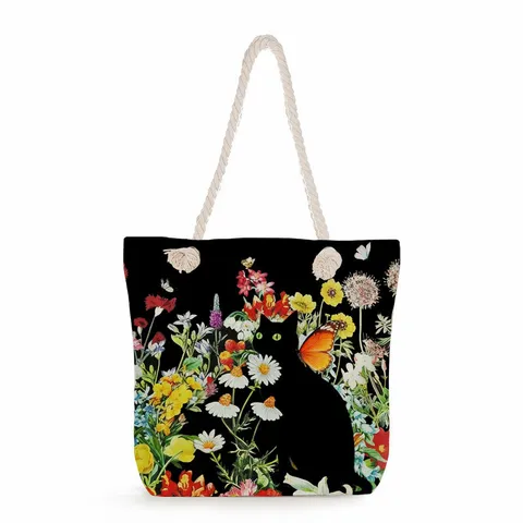Fashion Linen Black Cat Floral Print Tote Bag Women Large Capacity Shoulder Beach Bag With Thick Rope Handle Zipper Leisure Handbag