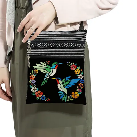 Women Lightweight Canvas Hummingbird Floral Print Messenger Bag Adjustable Shoulder Strap Double Zipper Crossbody Bag Casual Travel Purse
