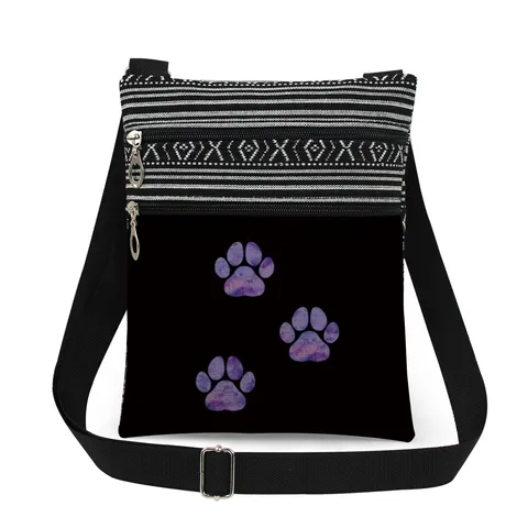 Sac Bandoulière pour Femme à Double Fermeture Éclair Imprimé Patte de Chat Sac Messager en Polyester à Sangle Réglable
