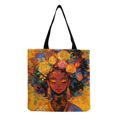 Women Casual Linen Tote Bag Large Capacity Shoulder Shopping Handbag Foldable Lightweight Fabric Bag Character Rose Print Graphic Bag