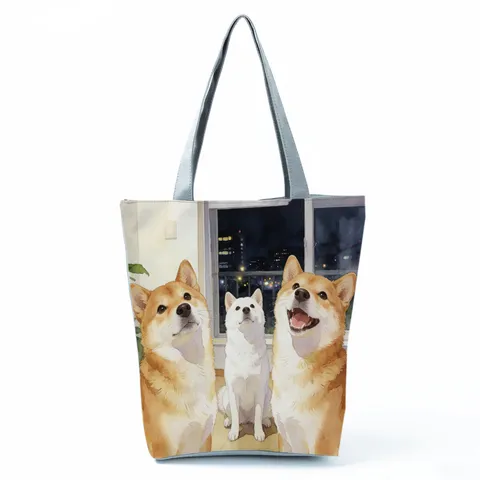 Damen Süße Hundedruck Polyester Tragetasche Mode Lässige Umhängetasche Große Kapazität Handtasche Wiederverwendbare Einkaufstasche