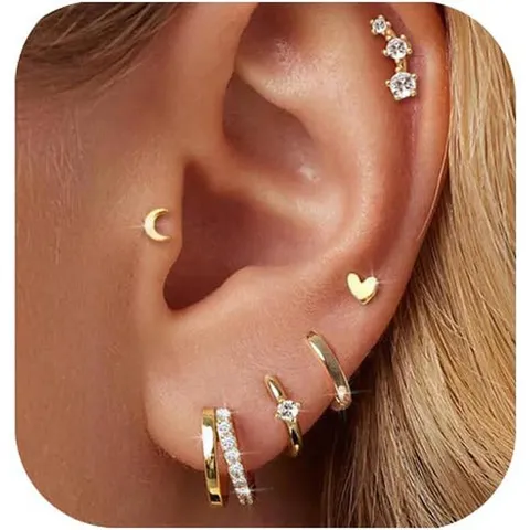 Fashion Gold Silver Hoop Earrings Set For Women Light Luxury Star Moon Heart Rhinestone Stud Earrings Versatile Jewelry Gift Accessory