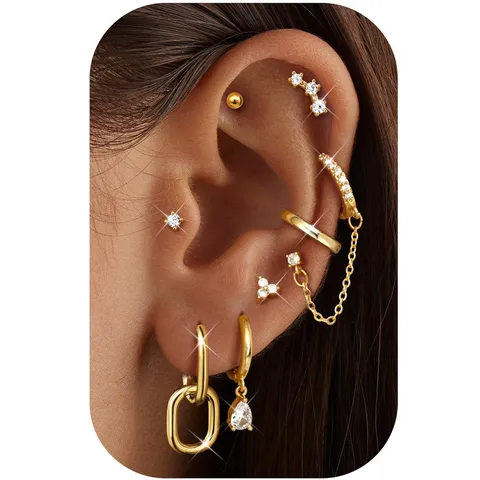 Geometric Copper Hoop Earrings Set For Women Gold Silver Electroplated Rhinestone Artificial Pearl Cartilage Ear Cuffs Party Jewelry Gift