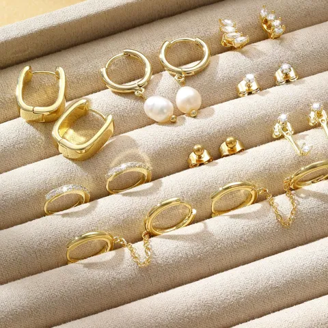 Geometric Copper Hoop Earrings Set For Women Gold Silver Electroplated Rhinestone Artificial Pearl Cartilage Ear Cuffs Party Jewelry Gift