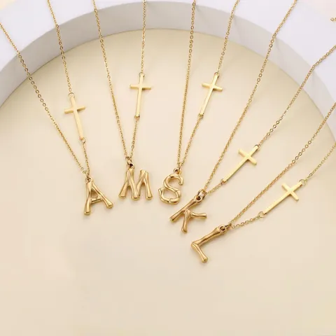 Minimalist Copper Initial Necklace Gold Electroplated Bamboo Joint Alphabet Pendant With Side Cross Layered Clavicle Chain Jewelry For Women Gift