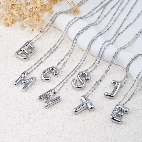 Collana con Lettera a Bolla per Donna Placcata Oro Argento Rame Ciondolo Lettera 3D Semplice Catena a Sfere Gioielli Regalo