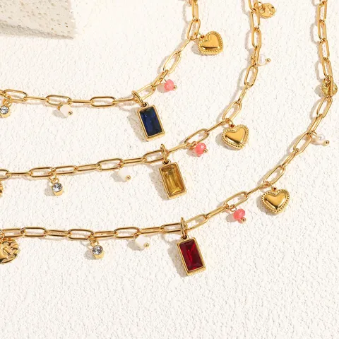Womens Fashion Layered Paperclip Chain Necklace With Colorful Birthstone Pendant Elegant Rhinestone Charm Jewelry Gift