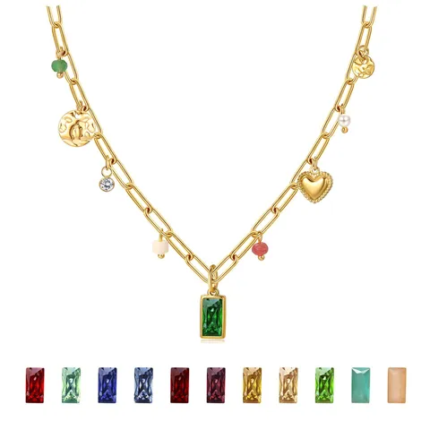 Womens Fashion Layered Paperclip Chain Necklace With Colorful Birthstone Pendant Elegant Rhinestone Charm Jewelry Gift