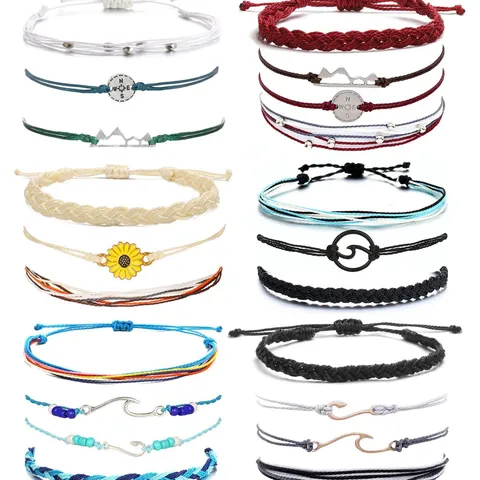 Set di Braccialetti e Cavigliere in Corda Intrecciata a Mano Con Ciondoli a Bussola Stella Montagna Mare Girasole Gioielli da Surf Unisex
