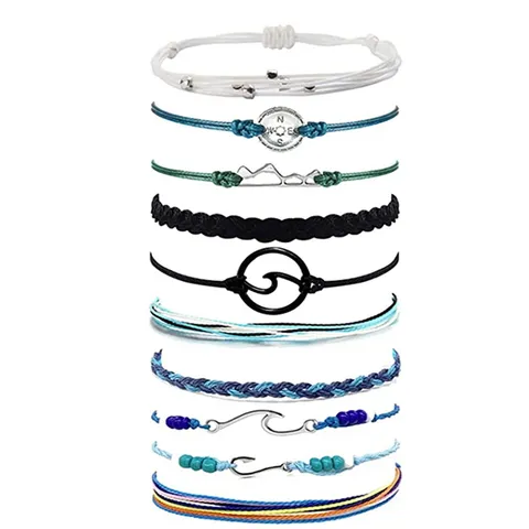 Set di Braccialetti e Cavigliere in Corda Intrecciata a Mano Con Ciondoli a Bussola Stella Montagna Mare Girasole Gioielli da Surf Unisex