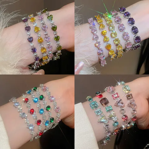 Luxury Copper Zirconia Bracelet For Women Elegant Heart Oval Geometric Four-Leaf Clover Colorful Gemstone Hand Chain Jewelry