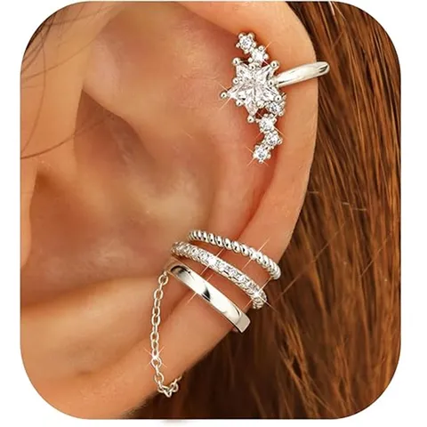 Stainless Steel Rhinestone Ear Cuff Hoop Earrings Set For Women Geometric Star Chain Cartilage Non Piercing Earrings Holiday Jewelry Gift