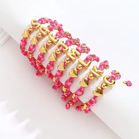 Dames Trendy Gevlochten Koord Armband Met Koper Verguld Letter En Hart Bedels Verstelbare Vriendschap Sieraden