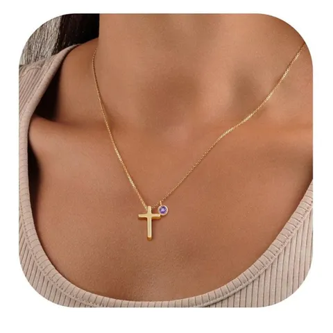 Fashion Women Cross Pendant Necklace Copper Rhinestone Birthstone Clavicle Chain Daily Commemorative Gift Jewelry