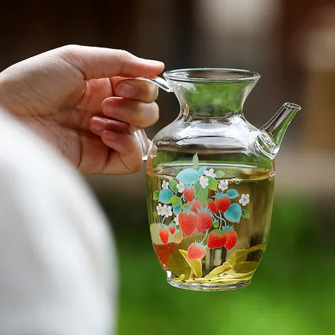 Borosilicate Glass Teapot Heat Resistant Side Handle Tea Kettle With Strawberry Rabbit Print For Home Office Teaware