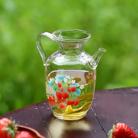 Borosilicate Glass Teapot Heat Resistant Side Handle Tea Kettle With Strawberry Rabbit Print For Home Office Teaware