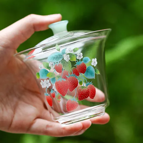 Hoog borosilicaatglas Gaiwan aardbeienpatroon hittebestendige theekom met deksel Chinese Kung Fu theeset