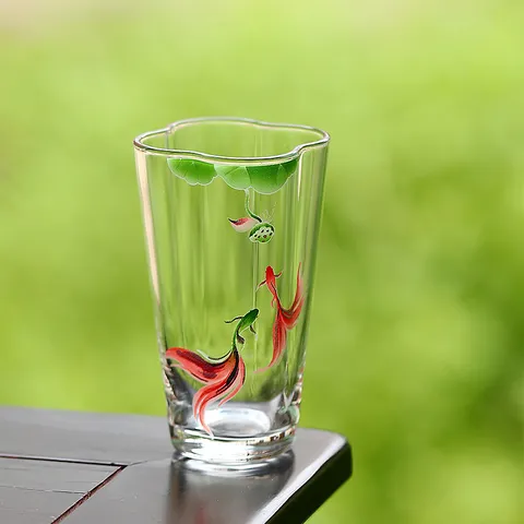 New Chinese Style Heat Resistant Borosilicate Glass Teacup Elegant Cloud Shaped Rim Hand Painted Goldfish Lotus Graphic Clear Tea Drinking Water Cup