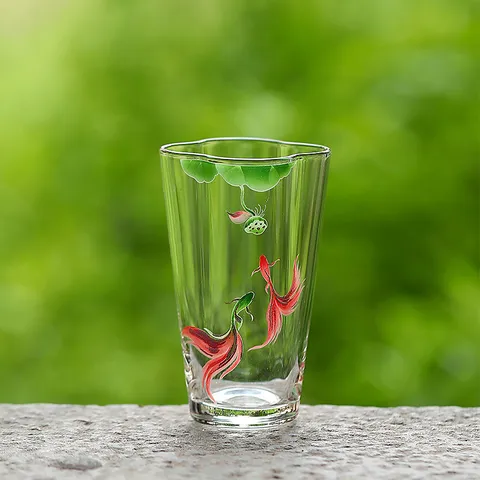 New Chinese Style Heat Resistant Borosilicate Glass Teacup Elegant Cloud Shaped Rim Hand Painted Goldfish Lotus Graphic Clear Tea Drinking Water Cup