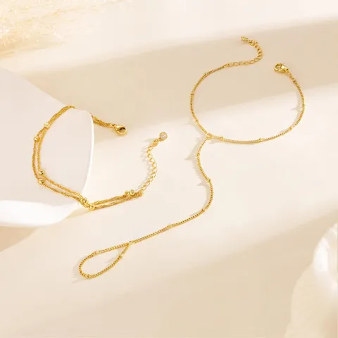 Juego de Pulseras de Cadena de Mano Minimalistas de Cobre con Diamantes de Imitación para Mujer Joyería de Moda Pulsera con Anillo en Oro Plata Pulsera de Cadena Apilable